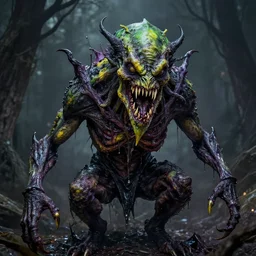horrid, abominable, disgusting, vile, revolting, fanged creature, beksinski, black green yellow purple