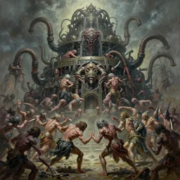 oil paint of 1 1 flayed gods fighting, in tiers, colossal medical gangrene machines in tiers, dethroning melee, pit, by shigeru komatsuzaki, wayne d barlowe, stefano tamburini, narrative light, muted colors, epic, hyper detailed, awe inspiring, award winning horror, narrative lighting, hyper realism, cinematical