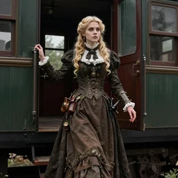 A beautiful lady with blonde hair in a steampunk suit with a long skirt leaves the train of the Victorian era, by Konstantin Razumov, horror scene, highly detailded