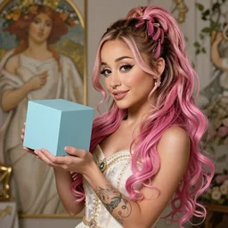 beautiful!! cottagecore Ariana Grande holding a cube (  ff94b5 ) ,  hair color is  ff94b5 , intricate, elegant, highly detailed, digital painting, artstation, concept art, smooth, sharp, focus, illustration, art by artgerm and greg rutkowski and alphonse mucha