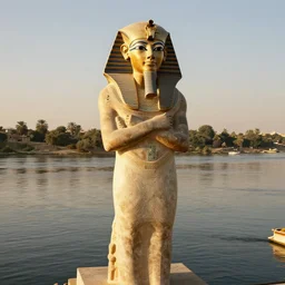 a ancient egypt statue in the nile river, artstation, volumetric light, high detail, reflections, perfect, concept art, hdr, 4 k