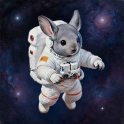 chinchilla in astronaut suit floating in space with galaxy in background, oil painting