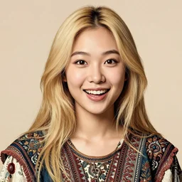 a totally amazed smiling pretty asian girl with blonde hair, fully covering intricate detailed bohemian outfit, long loose blonde hair, precise linework, accurate brown eyes, small nose, beautiful smooth oval head, expressive emotions, hyper realistic ultrafine portrait by artemisia gentileschi, jessica rossier, greg rutkowski, artgerm