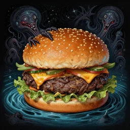 a hamburger swimming, cosmic horror, elegant intricate digital painting artstation concept art by mark brooks and brad kunkle extreme detailed