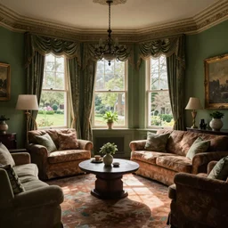 elegant, traditional living room natural lights victorian home interior, green brown colors cozy