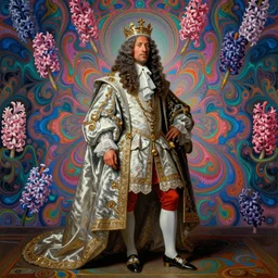 beautiful oil painting, full length portrait of dwayne Johnson as Louis xiv in baroque coronation robes 1701, hyacinthe rigaurd , Dan Mumford, Dan Mumford, Alex grey, highly detailed , lsd visuals, dmt fractal patterns, visionary art, psychedelic art, ornate, vaporwave, baroque, Greg rutkowski