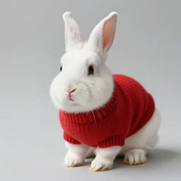 albino rabbit in a red sweater.