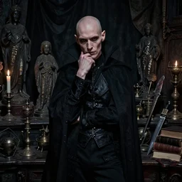 night portrait f / 1. 4 of a neurotic forty two year old british man vampire thin features feeling confidant in a cluttered dark room full of ancient artifacts ( ( ( bald ) ) ) dark dusty statues runes magical arcane instruments candlesticks drapery ritual bloody knife books atmospheric hdr