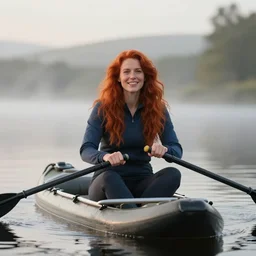 tall beautiful red haired scottish woman, smiling on a raft in a lake, 4 k, early morning, mist, photorealism, professional photography