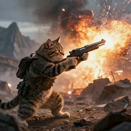 a cat grabbing a gun in a world war 3, 8K, mountain, war, explosions, cinematic lighting, hypperrealistic illustration