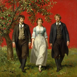 Solomon Joseph Solomon and Richard Schmid and Jeremy Lipking victorian genre painting full length portrait painting of a young cottagecore walking in an apple orchard, red background