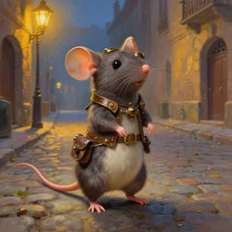 a beautiful painting of a steampunk mouse standing on her back legs on a street paved with cobblestones and warm streetlights, by James Gurney and Thomas Kinkade and Ralph Horsley