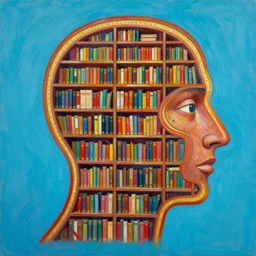 beautiful vibrant painting of library in shape of human head, cross-section of human head with library inside trending on Artstation by James Gurney, high quality