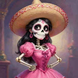 cute & beautiful smiling mexican undead skeleton girl wearing a sombrero and a pink dress, elegant, digital art, fantasy, pixar style, painting, pin up, highly detailed, artstation, art by artgerm, vrubel, boris vallejo and ilya kuvshinov