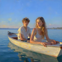 closeup, young couple in a boat, clear water, surreal photography, sunrise, blue sky, dramatic light, impressionist painting, digital painting, artstation, simon stalenhag