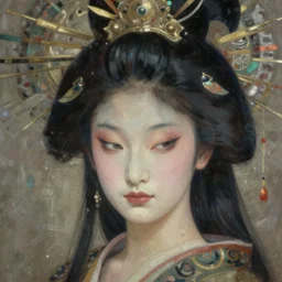 portrait of a beautiful japanese goddess, great beauty, esoteric, muted colors, head in focus, fantasy art, ornamental aesthetics, intricate, elegant, highly detailed, hyperrealistic painting, artstation, concept art, painterly, sharp focus, illustration, art by chie yoshii