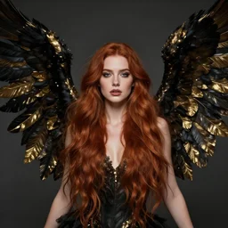 a beautiful woman archangel big black and gold wings, 8 k, hyperrealistic, hyperdetailed, uhd, beautiful face, long ginger hair, dark fantasy, fantasy portrait by laura sava