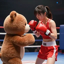 a beautiful anime woman in a boxing match against a plush toy bear, located in a boxing ring, extreme detail, photorealism, octane render, cinematic lighting.