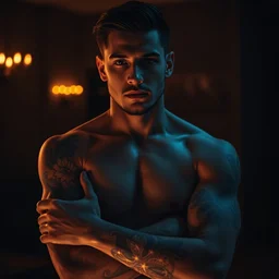a beautiful young man has glowing ink tattoos on his arms. beautiful. dark room