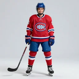 a full body realistic concept art portrait digital painting of a single female supermodel dressed in 90s ice hockey player and a habs jersey with face and body clearly visible by Neon Yang, valorant, artstation trending, high quality, happy mood, artstation trending, vibrant colours, no crop, no helmet, entire character, blank background, SFW,