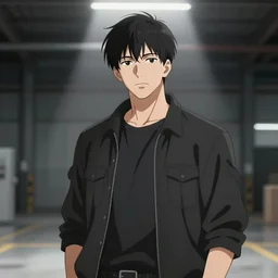 Digital state-sponsored anime art of Hasan Piker by A-1 studios, serious expression, empty warehouse background, highly detailed, spotlight