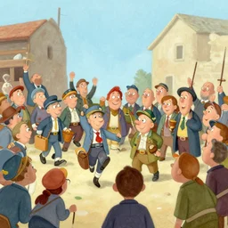 communist revolution by richard scarry, busy scene, pastel