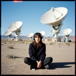 A portrait photography of a woman seating on the ground with headphones in the Nevada desert. In the background there are multiple massive radio dish antennas. Cinestill 800T film. Lens flare. Contrast.