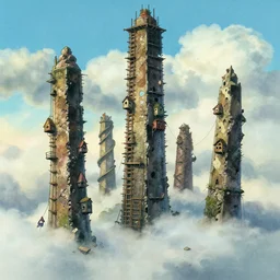 a wholesome animation key shot, thin towers of ancient crumbling masonry scaffolding, cracks, rubble, spiral, makeshift houses, ropes, rise above clouds, studio ghibli, pixar and disney animation, sharp, disney concept art watercolor illustration by mandy jurgens and alphonse mucha and ruan jia, cold color palate, bloom, dramatic lighting