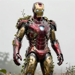 abandoned iron man suit, overgrown and covered in vines, 4k realistic photo