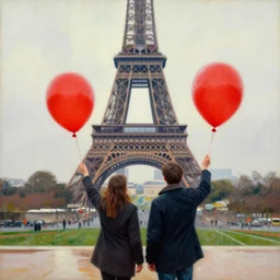 two people standing in front of eiffel tower at trocadero holding red baloons, rainy day, strong colors, painting by eugene de lacroix,