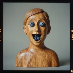 kodak portra 4 0 0, wetplate, muted colours, blueberry, 1 9 3 0 s style, award winning portrait of wooden skulptur of hysterically laughing loudly john lennon by willy verginer in a vernissage, haze, motion blur, in the style of britt marling and by georges melies