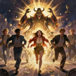 drawing of people running away scared from a crypto evil villain