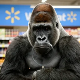 photo of gorilla in walmart, cell phone camera, zoom,