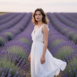 A portrait of a French woman, mid-20s, wearing a white flowing dress, in a lavender field in France, 85mm, medium shot, 1.2, Kodak Portra, trending on Instagram