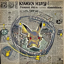 A pikachu glowing and vibrating in a football stadium, Early 1900s newspaper