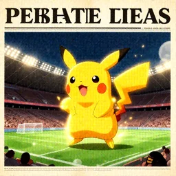 A pikachu glowing and vibrating in a football stadium, Early 1900s newspaper