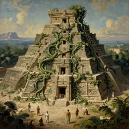 insanely vast vine covered aztec temple with aztec people uncovering it, beautiful painting overlay photo realism by greg rutkowski leonardo da vinci