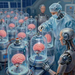 a solar punk painting of rows of futuristic cryonic see through tanks with brains in them attached to consciousness transmitting wires, which are attached to trans cyborg humans. a robotic surgeon is sprinkling something sparkly in one of them. hyper realistic. octane render. human bio body parts. painting by