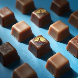 square caramel candies on a blue background, chesley bonestell, vincent di fate