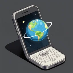 illustration of a mobile phone with a planet inside the screen going out of it, in 4 d, detailed and intricate forty five degree isometric, cross by ralph mcquarrie
