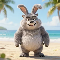 an adorable fierce furry monster with long floppy rabbit ears chubby bear body and wolf legs, Smiling at the camera with a mischievous grin, happy lighting, at a tropical beach
