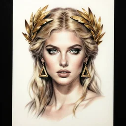 tattoo sketch of beautiful super model aphrodite greek goddess wearing a gold laurel wreath and triangle earrings, beautiful piercing gaze with sharp pupils, beautiful blonde hair, in the style of greg rutkowski, fantasy, amazing detail, epic, elegant, smooth, sharp focus, front view