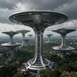 realistic photograph of many disk - shaped suspended above the forest are huge, huge, future high - tech overhead cities ， volumetric lighting, god's ray, aerial view ， dark overcast weather, high detailed, smooth, mark arian, award winning, highly detailed 4 k art by beeple and fvckrender and visualdon, trending on cgsociety