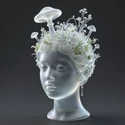 completely translucent glass head of a woman, 3 d octane render, high resolution, fine details, on top of the head is ornate, translucent mushrooms, fungus, and weeds, by daniel arsham and james jean