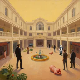 minimalist oil painting by donato giancola, chris foss, maschinen krieger lish garden fetuses organic laboratory, victorian shopping mall courtyard, beeple, the matrix, star wars, ilm, star citizen, mass effect, warm coloured, artstation, atmospheric perspective