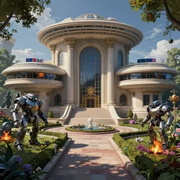 Futuristic police station with beautiful and magical garden. By Frank Lloyd Wright, concept art, inrincate, sharp focus, digital painting, unreal engine, cgsociety, neoclassical, mech, robot, fractal flame, cinematic, highly detailded