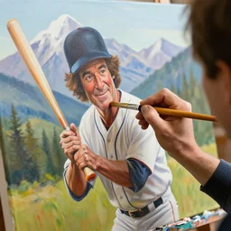 a closeup photorealistic photograph of bob ross working on an image of kenny powers baseball bat paintbrush on a canvas. mountains and trees. film still. brightly lit scene. this 4 k hd image is trending on artstation, featured on behance, well - rendered, extra crisp, features intricate detail, epic composition and the style of unreal engine.