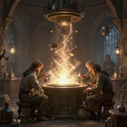 post - medieval alchemist laboratory, electrical, light dust, by peter mohrbacher dan mumford craig mullins nekro, cgsociety, pixiv, volumetric light, 3 d render