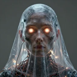 inhuman, close - up portrait, covered in transparent cloth, plastic, glowing eyes, flat background, masterpiece, glowing, wires everywhere, by edgar maxence and ross tran, zdzisław beksinski, and michael whelan, distant, gustav dore, h. r. giger, 8 k, octane render