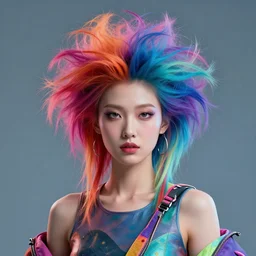 full portrait of a post modern cyber fashion model with an exuberant hair, colorful, beautiful islandic face, octane render, vray, detailed, halftoned, editorial illustration, matte print, grainy light, ( ( dither ) ), risograph, high contrast, screen print, grainy texture